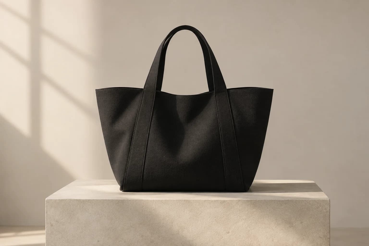 Original concept image of an unbranded dark work tote in studio light